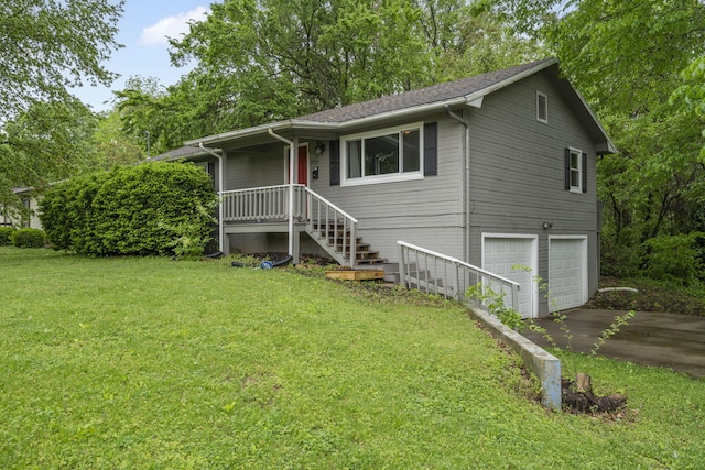 ranch-style house featuring an attached garage, concrete driveway, and a front lawn
