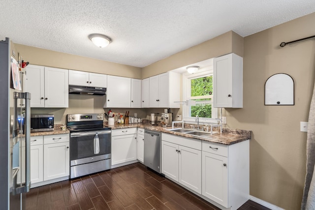 kitchen featuring under cabinet range hood, a textured ceiling, appliances with stainless steel finishes, and a sink