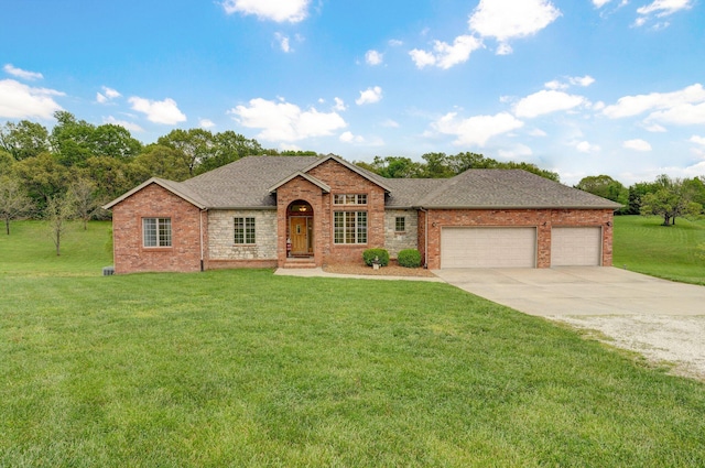 single story home featuring a shingled roof, an attached garage, a front lawn, brick siding, and driveway