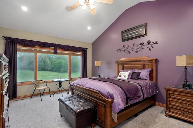 carpeted bedroom with a ceiling fan, baseboards, recessed lighting, and lofted ceiling