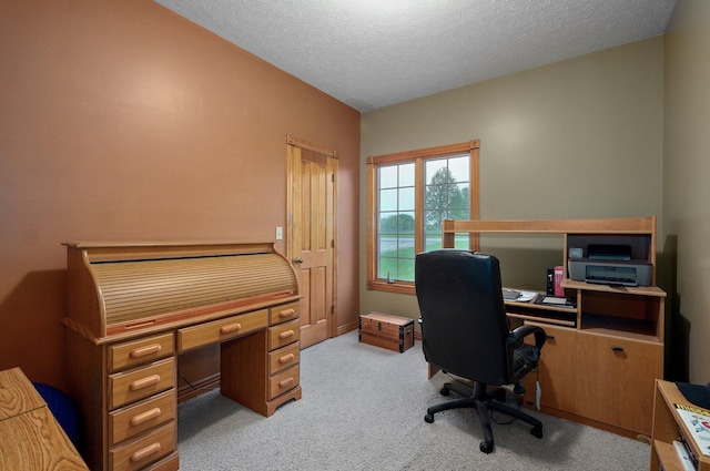 carpeted office with a textured ceiling