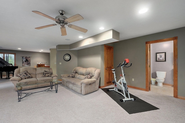 interior space featuring carpet floors, ceiling fan, baseboards, and recessed lighting