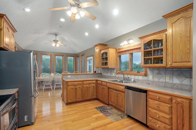 kitchen featuring lofted ceiling, ceiling fan, plenty of natural light, a sink, and stainless steel appliances