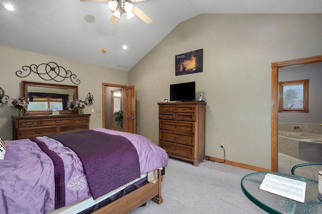 bedroom with lofted ceiling, light carpet, baseboards, ceiling fan, and recessed lighting