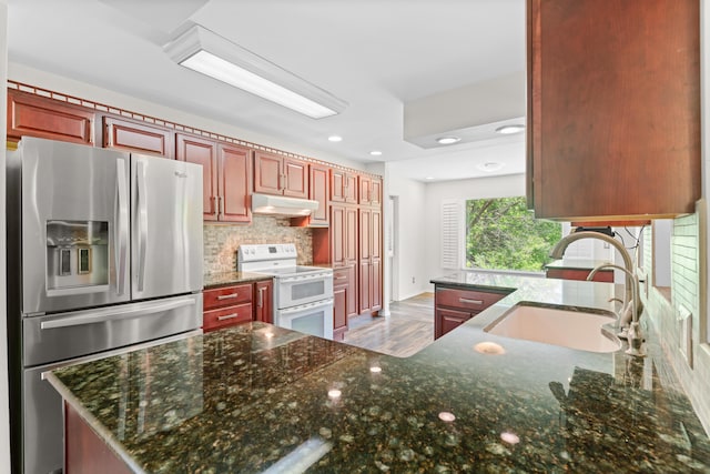 kitchen with stainless steel fridge with ice dispenser, decorative backsplash, under cabinet range hood, range with two ovens, and a sink
