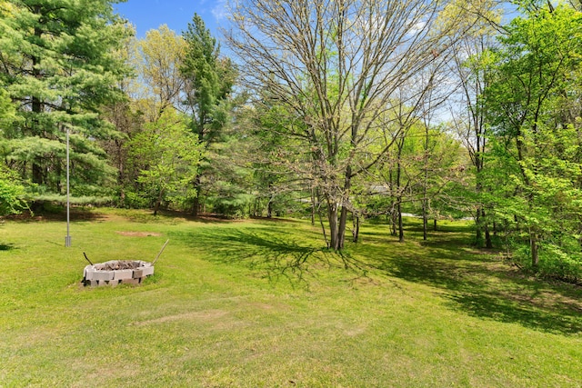 view of yard featuring an outdoor fire pit