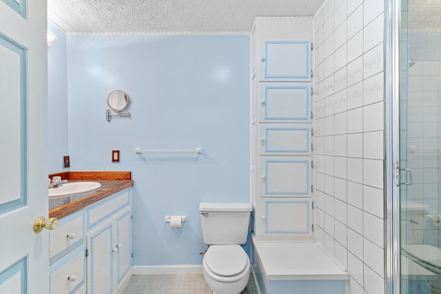 bathroom with crown molding, vanity, toilet, a textured ceiling, and a stall shower