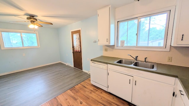 kitchen featuring plenty of natural light, a sink, light wood finished floors, and dishwasher