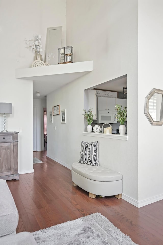 interior space featuring baseboards, a high ceiling, and wood finished floors