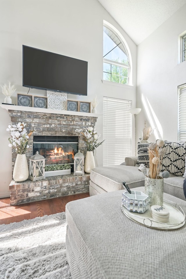living area featuring a glass covered fireplace, high vaulted ceiling, and wood finished floors