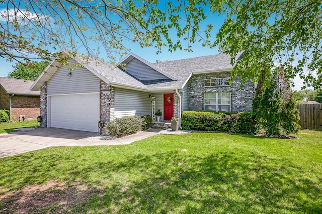 ranch-style house featuring a garage, a front lawn, fence, a shingled roof, and driveway