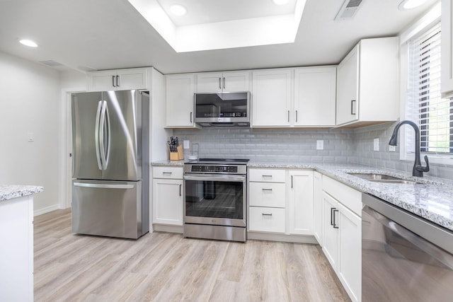 kitchen featuring visible vents, a sink, white cabinets, light wood-style floors, and stainless steel appliances