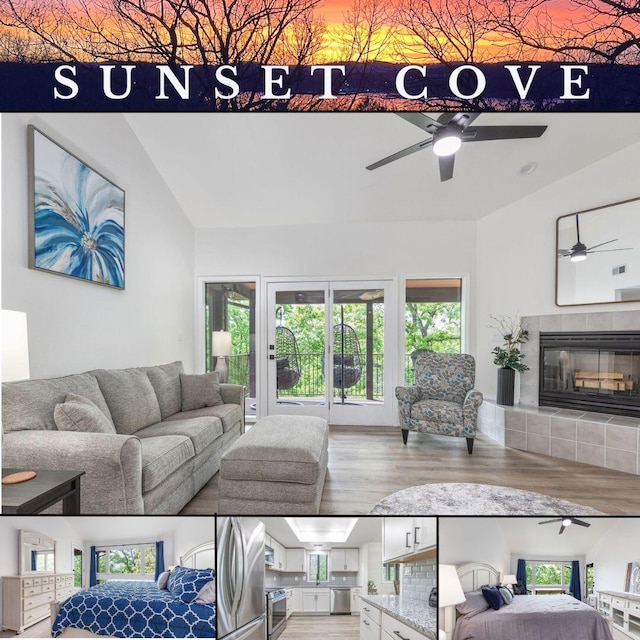 living area with a ceiling fan, wood finished floors, and a wealth of natural light