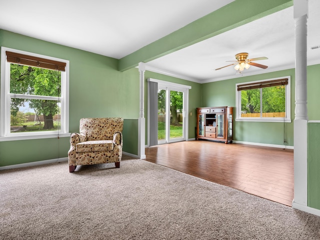 1208 Kemp Dr, Bolivar, MO 65613 - sitting room featuring crown molding, visible vents, baseboards, ceiling fan, and carpet flooring