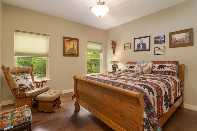 bedroom featuring baseboards, multiple windows, and wood finished floors