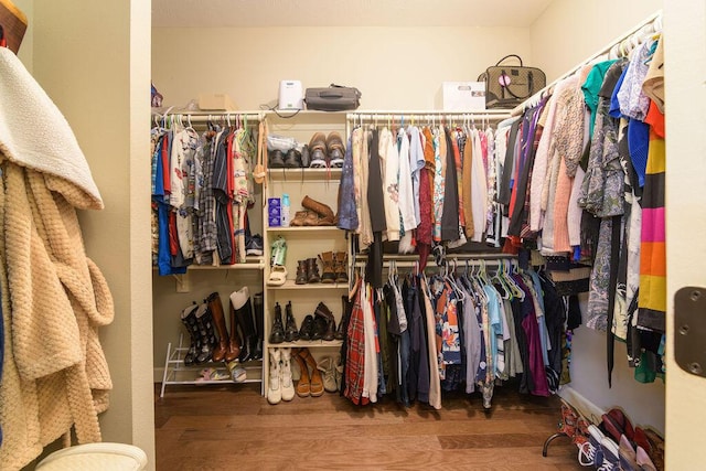 walk in closet with wood finished floors