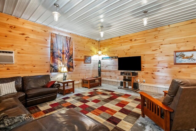 living room featuring wooden walls