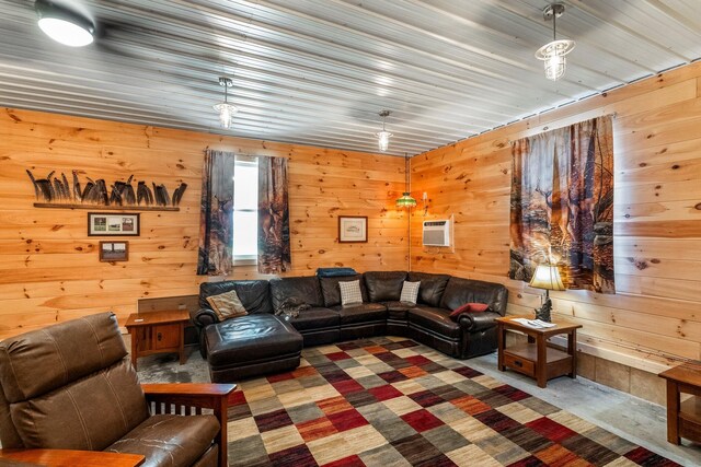 living area with wooden walls