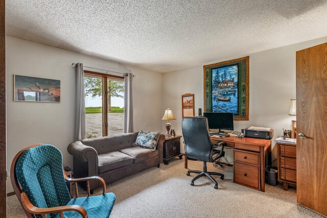 office featuring a textured ceiling and light carpet