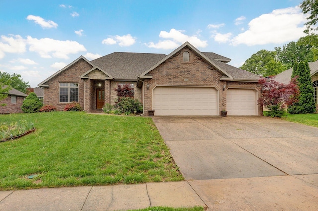 ranch-style house with a front yard, roof with shingles, brick siding, concrete driveway, and an attached garage