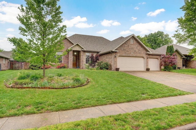 single story home with concrete driveway, brick siding, a front lawn, and a garage