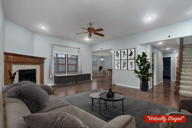 3774 W Suzanne St, Battlefield, MO 65619 - living room with a ceiling fan, recessed lighting, stairs, wood finished floors, and a fireplace