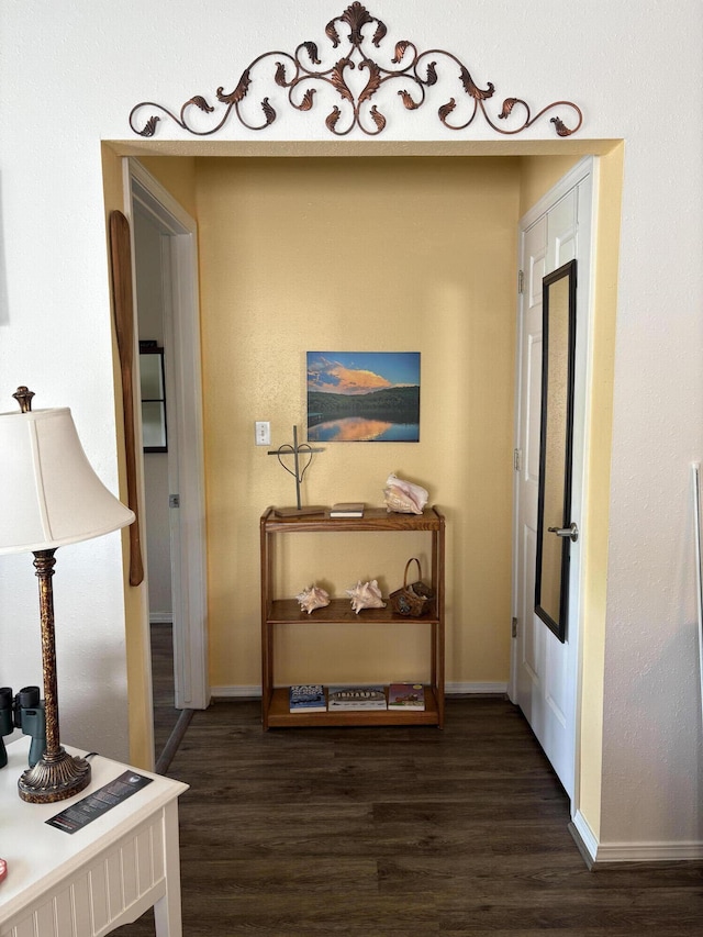 hallway featuring baseboards and dark wood-style floors