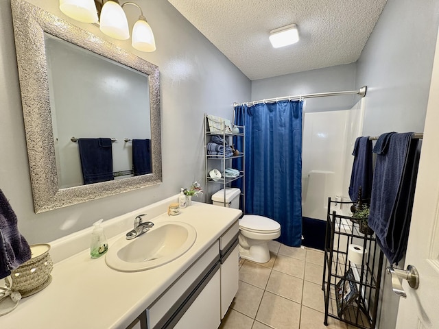 full bath featuring a textured ceiling, tile patterned flooring, vanity, toilet, and a shower with shower curtain