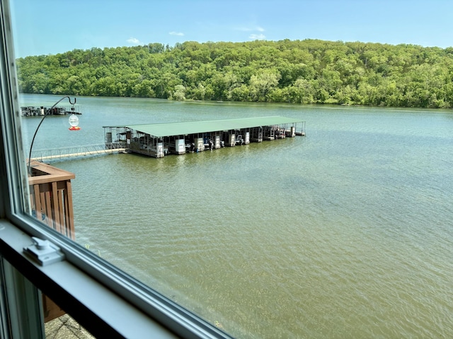 dock area featuring a water view and a wooded view