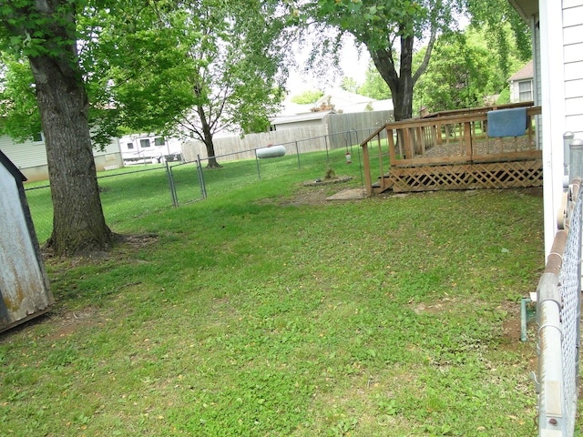 view of yard featuring a fenced backyard and a wooden deck
