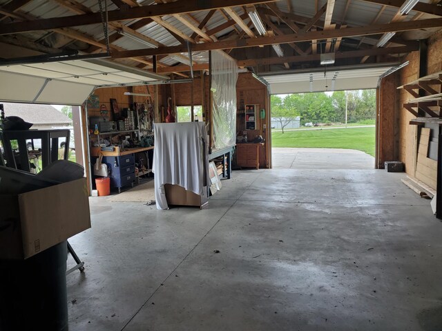 garage with a workshop area