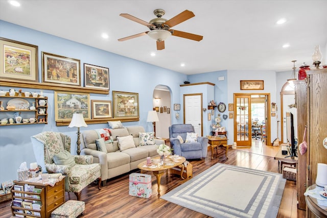 3538 E State Highway Aa, Springfield, MO 65803 - living area featuring arched walkways, ceiling fan, wood finished floors, and recessed lighting