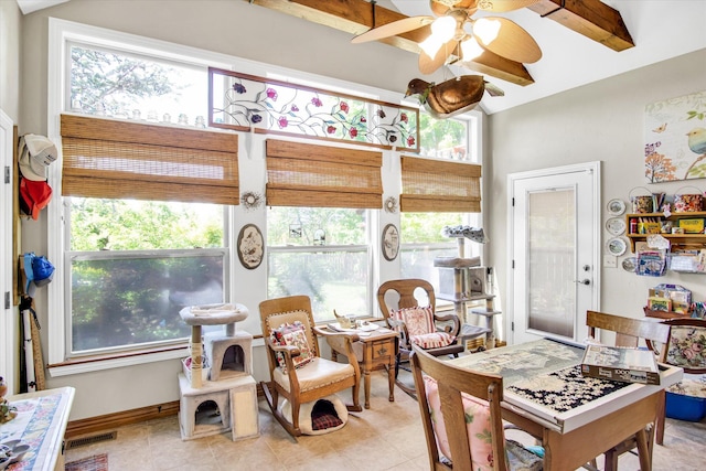 3538 E State Highway Aa, Springfield, MO 65803 - dining room featuring plenty of natural light, vaulted ceiling, a ceiling fan, light tile patterned flooring, and baseboards