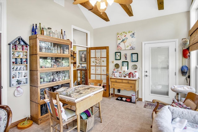 3538 E State Highway Aa, Springfield, MO 65803 - office area featuring ceiling fan, light tile patterned floors, baseboards, high vaulted ceiling, and beam ceiling