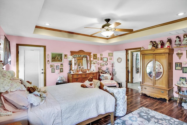 3538 E State Highway Aa, Springfield, MO 65803 - bedroom featuring a tray ceiling, dark wood-style floors, ornamental molding, a ceiling fan, and recessed lighting