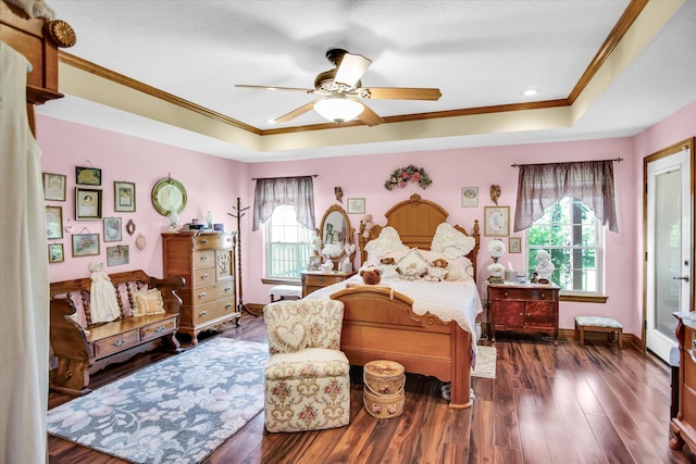 3538 E State Highway Aa, Springfield, MO 65803 - bedroom featuring a raised ceiling, crown molding, dark wood-style flooring, baseboards, and ceiling fan