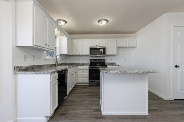 kitchen featuring a sink, white cabinets, black appliances, and dark wood-type flooring