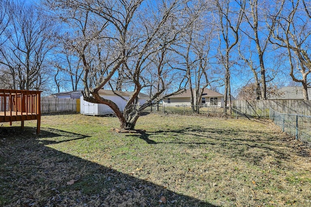 view of yard with a fenced backyard and a deck