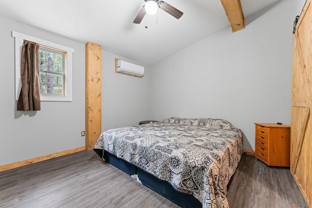 bedroom featuring wood finished floors, baseboards, ceiling fan, an AC wall unit, and lofted ceiling with beams