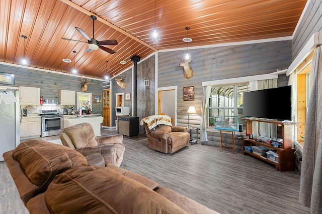 living room featuring a ceiling fan, wood ceiling, wood finished floors, and high vaulted ceiling