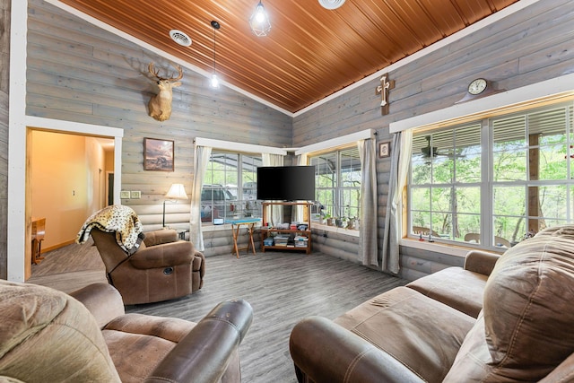 living area featuring wood walls, wood ceiling, wood finished floors, and high vaulted ceiling