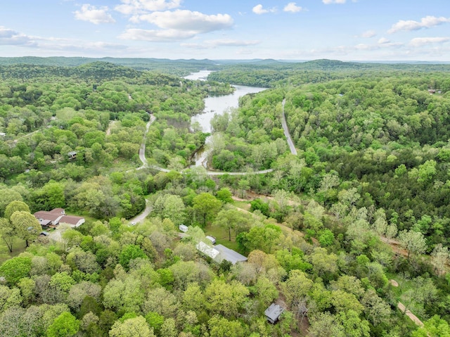 birds eye view of property with a water view and a view of trees