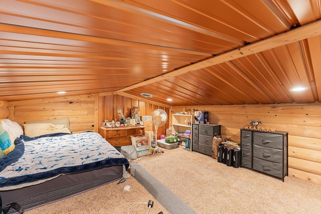 bedroom with carpet flooring, wooden walls, wooden ceiling, and lofted ceiling