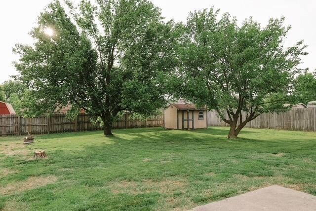 view of yard with a storage shed, an outdoor structure, and a fenced backyard