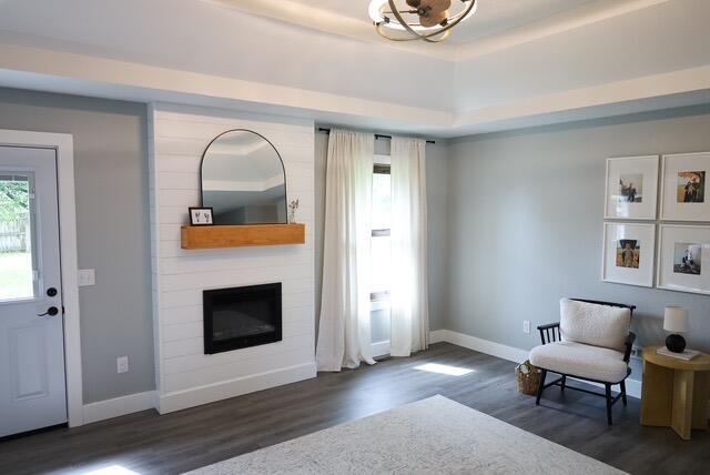 sitting room featuring baseboards, wood finished floors, and a fireplace