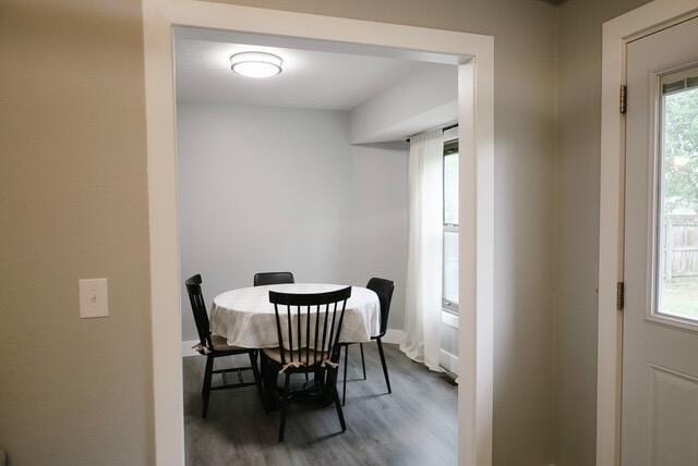 dining space featuring baseboards and wood finished floors