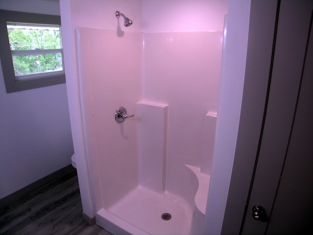bathroom featuring a shower stall, toilet, and wood finished floors