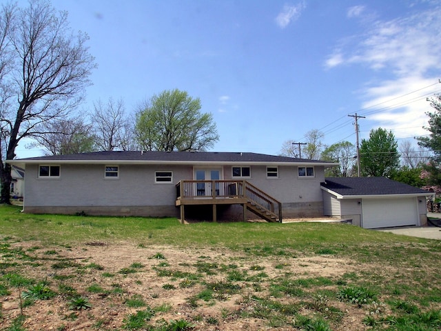 rear view of property featuring stairs, a wooden deck, and crawl space