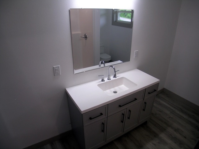 bathroom featuring toilet, wood finished floors, and vanity