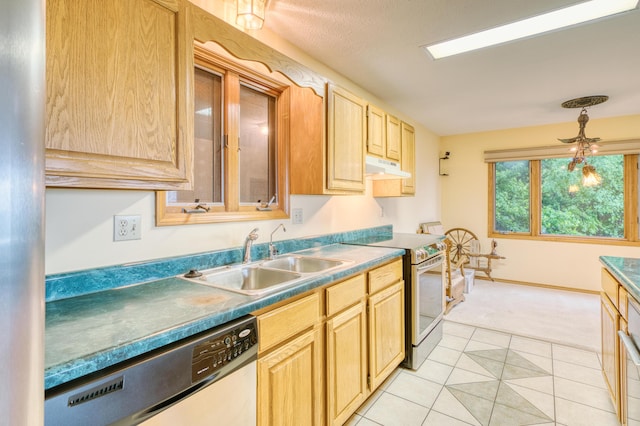 kitchen with light colored carpet, appliances with stainless steel finishes, a sink, light brown cabinets, and under cabinet range hood